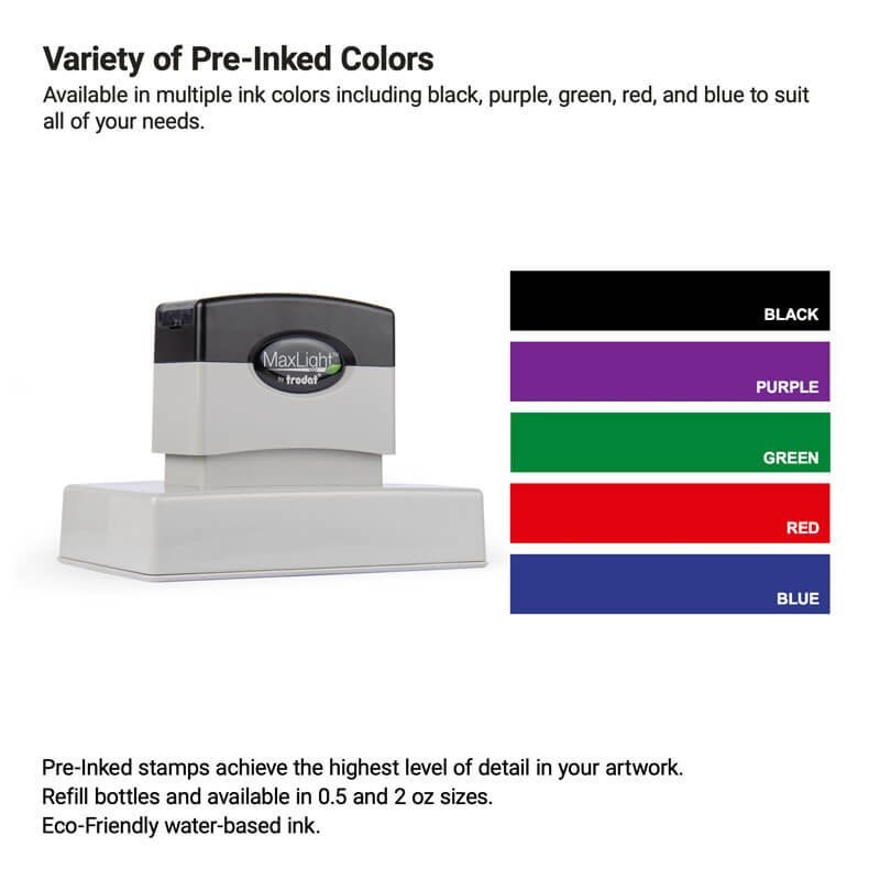 MaxLight stamp shown with a chart of available ink colors—black, purple, green, red, and blue