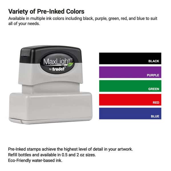Pre-inked custom stamp shown with available ink color options—black, purple, green, red, and blue—ideal for creating high-detail logo stamps or professional impressions.