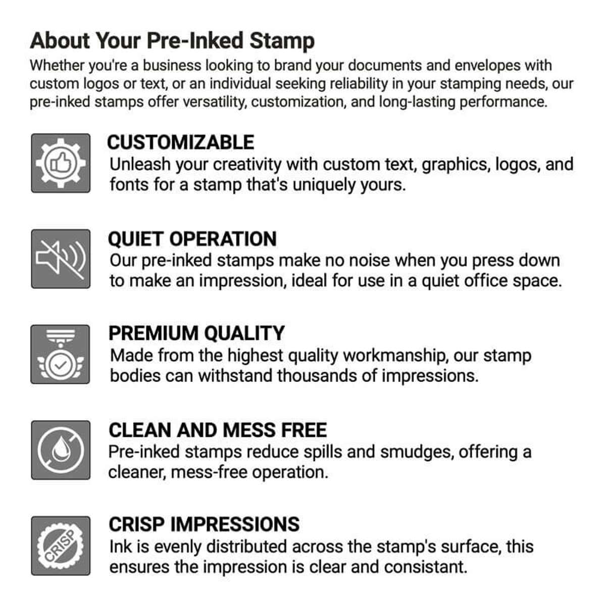 Overview of pre-inked stamp advantages, highlighting customization, no-noise performance, and high-quality impressions.