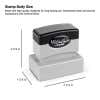 MaxLight pre-inked stamp with body size labeled as 2-1/2" x 1-1/4"