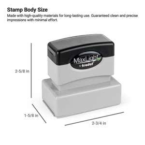 MaxLight pre-inked stamp with body size labeled as 2-1/2" x 1-1/4"