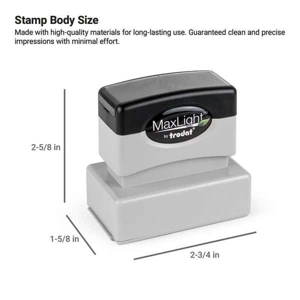 MaxLight pre-inked stamp with body size labeled as 2-1/2" x 1-1/4"
