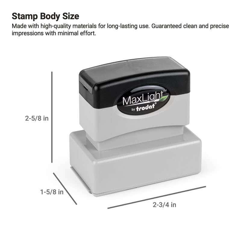 MaxLight pre-inked stamp with body size labeled as 2-1/2" x 1-1/4"