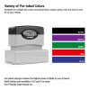 Pre-inked custom stamp shown with available ink color options—black, purple, green, red, and blue—ideal for creating high-detail logo stamps or professional impressions.