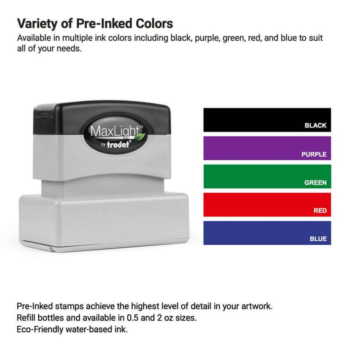 Pre-inked custom stamp shown with available ink color options—black, purple, green, red, and blue—ideal for creating high-detail logo stamps or professional impressions.