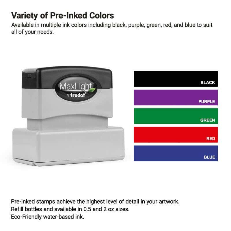 Pre-inked custom stamp shown with available ink color options—black, purple, green, red, and blue—ideal for creating high-detail logo stamps or professional impressions.