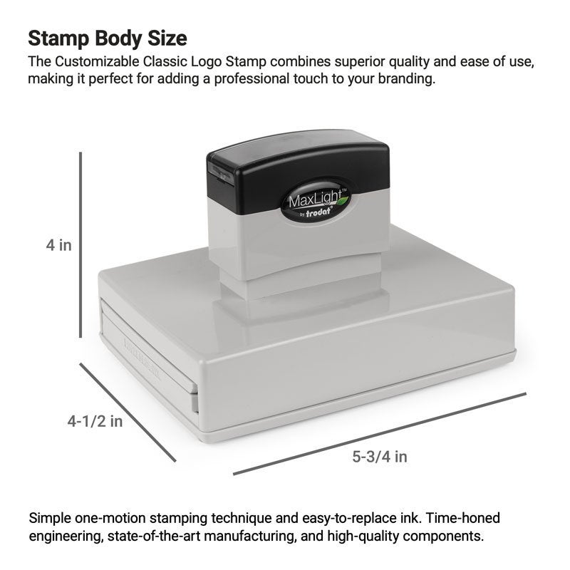MaxLight pre-inked stamp shown upright with labeled body dimensions of 4-1/2" x 5-3/4" 