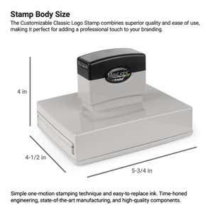 MaxLight pre-inked stamp shown upright with labeled body dimensions of 4-1/2" x 5-3/4" 