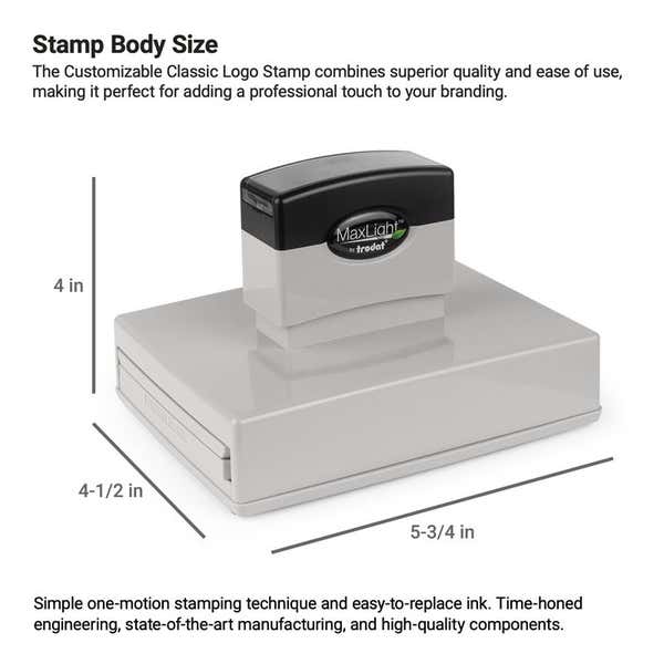 MaxLight pre-inked stamp shown upright with labeled body dimensions of 4-1/2" x 5-3/4" 