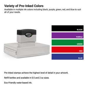 Stamp shown with a chart of available ink colors—black, purple, green, red, and blue