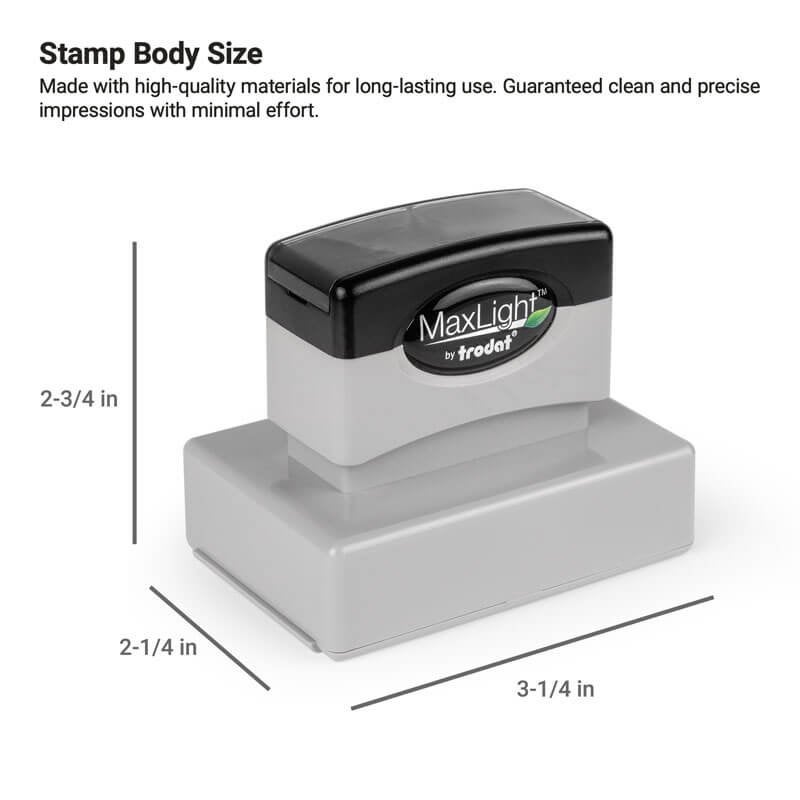MaxLight pre-inked stamp with labeled body dimensions of 2-3/4" height, 2-1/4" depth, and 3-1/4" width
