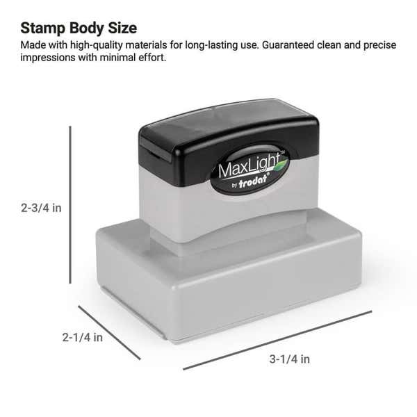 MaxLight pre-inked stamp with labeled body dimensions of 2-3/4" height, 2-1/4" depth, and 3-1/4" width