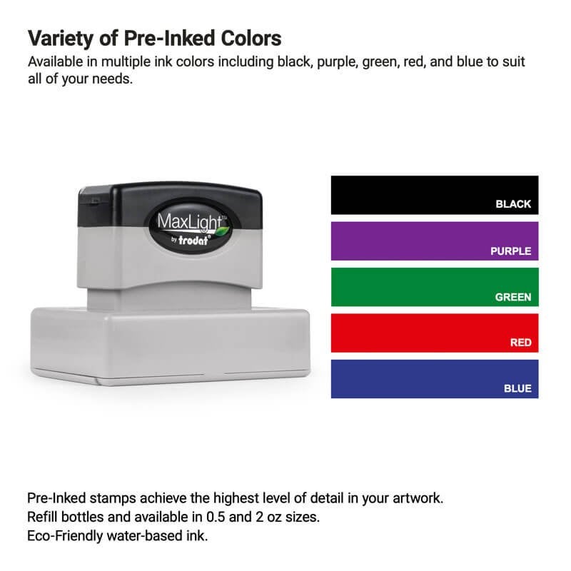 Pre-inked custom stamp shown with available ink color options—black, purple, green, red, and blue—ideal for creating high-detail logo stamps or professional impressions.