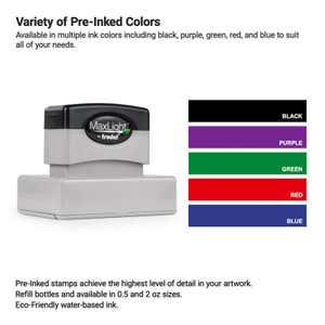 Pre-inked custom stamp shown with available ink color options—black, purple, green, red, and blue—ideal for creating high-detail logo stamps or professional impressions.