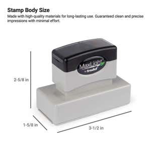 MaxLight by Trodat pre-inked stamp with labeled body dimensions, showing size as 2-5/8" x 1-5/8" x 3-1/2" for custom logo or business stamps