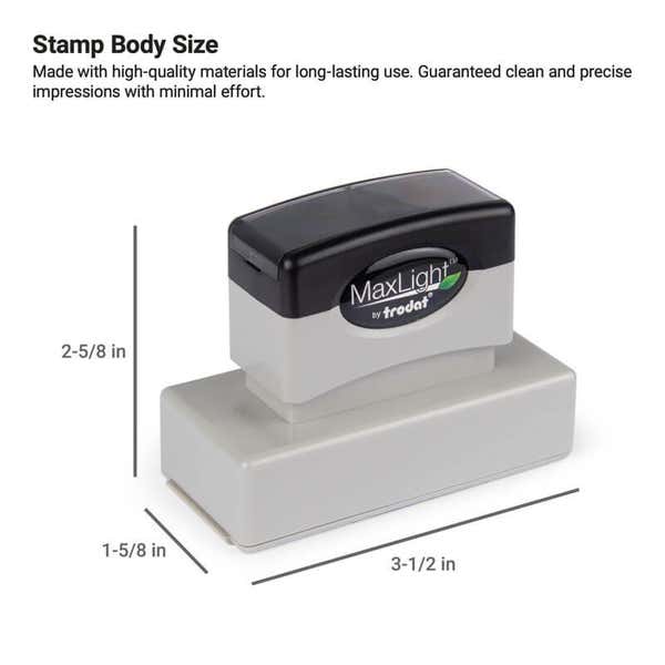 MaxLight by Trodat pre-inked stamp with labeled body dimensions, showing size as 2-5/8" x 1-5/8" x 3-1/2" for custom logo or business stamps