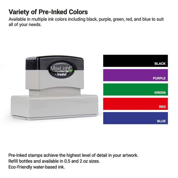 Stamp shown with a chart of available ink colors—black, purple, green, red, and blue