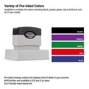 Pre-inked custom stamp shown with available ink color options—black, purple, green, red, and blue—ideal for creating high-detail logo stamps or professional impressions.
