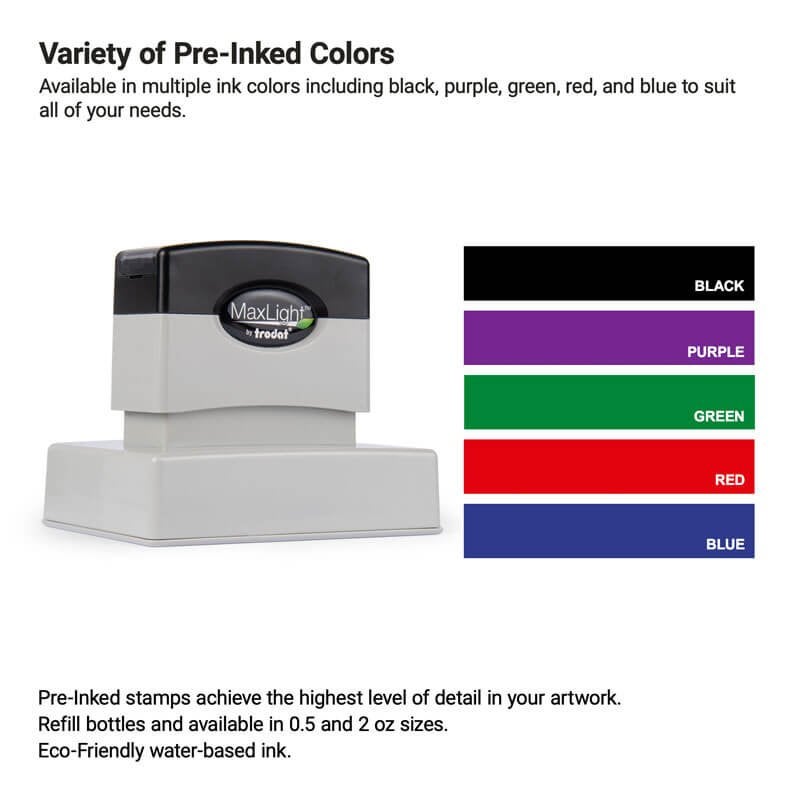 Pre-inked stamp displayed alongside five available ink pad colors—black, purple, green, red, and blue. Perfect for capturing fine logo details with eco-friendly, water-based ink