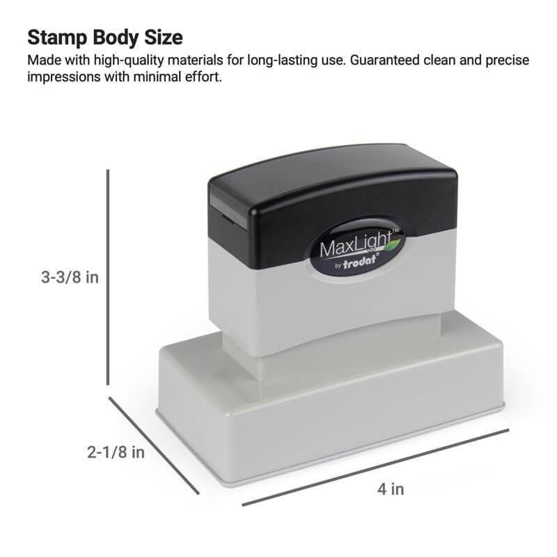 MaxLight pre-inked stamp with body dimensions labeled 2-1/8" x 4"