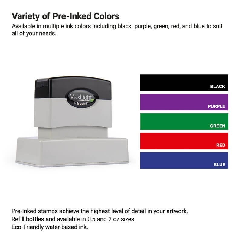 Pre-inked custom stamp shown with available ink color options—black, purple, green, red, and blue—ideal for creating high-detail logo stamps or professional impressions.