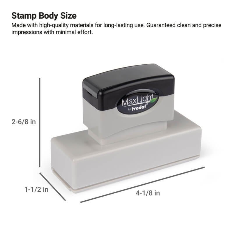 MaxLight stamp body with dimensions of 1-1/2" x 4-1/8" shown on a white background