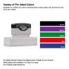 Stamp shown with a chart of available ink colors—black, purple, green, red, and blue
