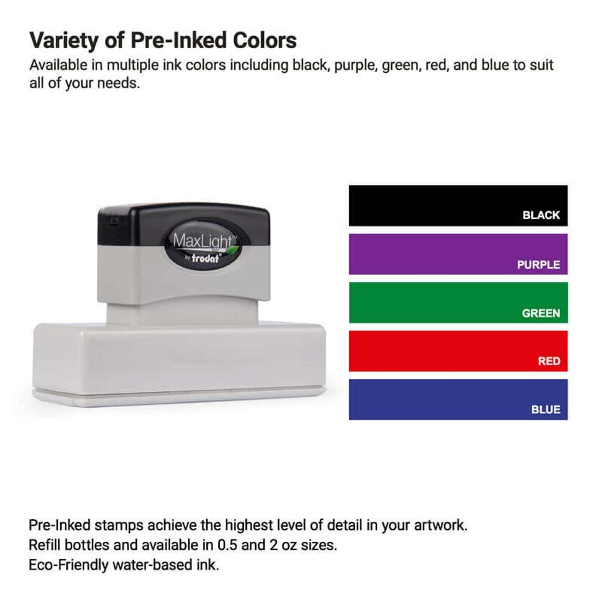 Stamp shown with a chart of available ink colors—black, purple, green, red, and blue