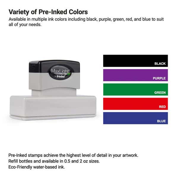 Stamp shown with a chart of available ink colors—black, purple, green, red, and blue