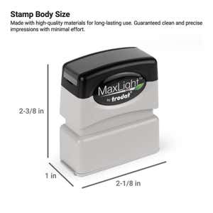 MaxLight pre-inked stamp body shown with dimensions 1" x 2-1/8 " 