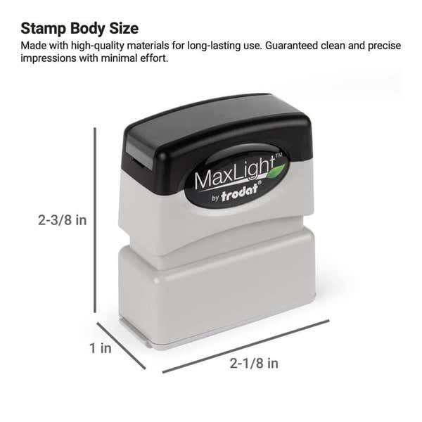 MaxLight pre-inked stamp body shown with dimensions 1" x 2-1/8 " 