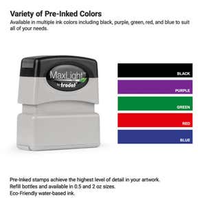 Pre-inked MaxLight stamp shown with five ink color options—black, purple, green, red, and blue. Ideal for detailed logo stamps using eco-friendly, water-based ink
