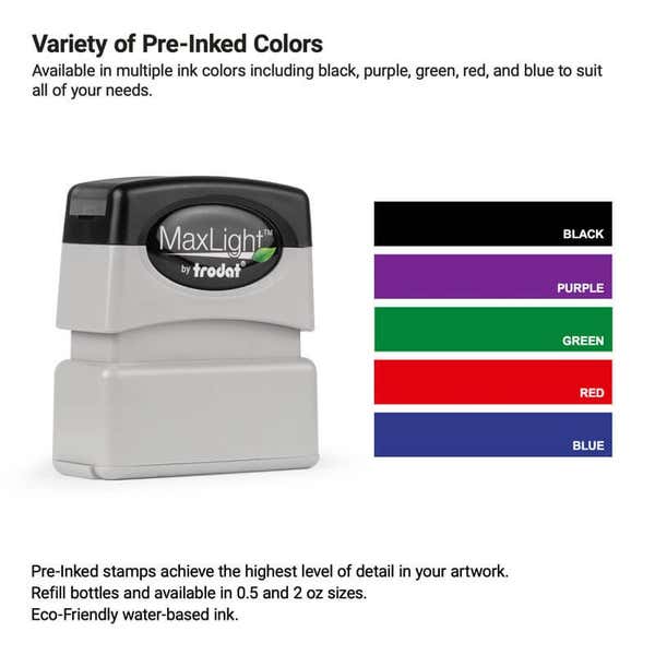 Pre-inked MaxLight stamp shown with five ink color options—black, purple, green, red, and blue. Ideal for detailed logo stamps using eco-friendly, water-based ink