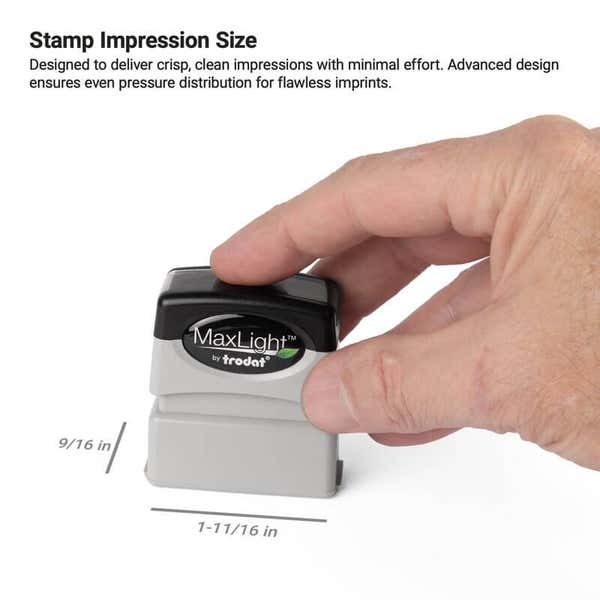 Demonstration of a pre-inked stamp impression area measuring 9/16 in x 1-11/16 in