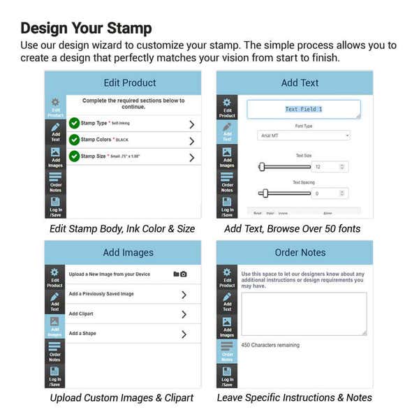 Visual aid with steps on how to design a custom stamp in our design tool