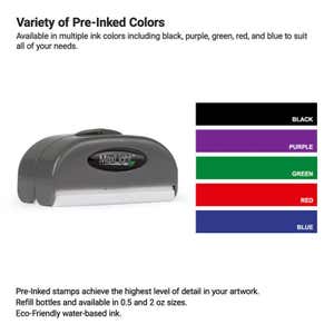 MaxLight pre-inked stamp displayed alongside available ink colors—black, purple, green, red, and blue—suitable for precise logo imprints and clean professional stamping