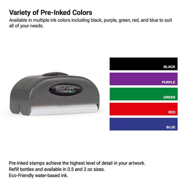 MaxLight pre-inked stamp displayed alongside available ink colors—black, purple, green, red, and blue—suitable for precise logo imprints and clean professional stamping