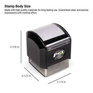 MaxLight by Trodat PSI pre-inked stamp with labeled body dimensions: 2-7/8" tall × 2-1/2" wide × 2-1/2" deep