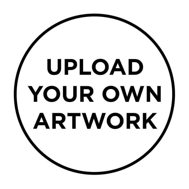 Black and white round impression example that reads "Upload Your Own Artwork"