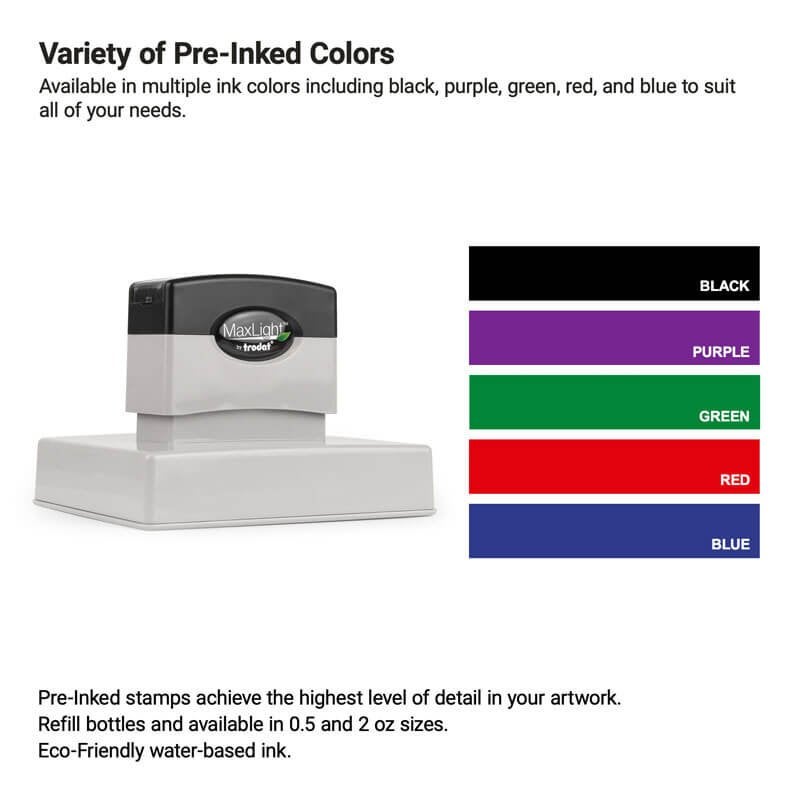 Pre-inked stamp shown next to a chart of available ink pad colors—black, purple, green, red, and blue. Ideal for detailed logo stamps using eco-friendly, water-based ink