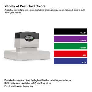 Pre-inked stamp shown next to a chart of available ink pad colors—black, purple, green, red, and blue. Ideal for detailed logo stamps using eco-friendly, water-based ink