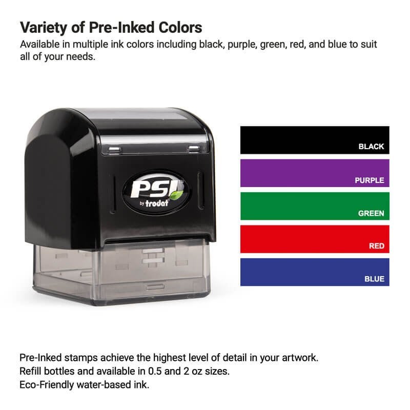 Pre-inked stamp displayed alongside 5 available water-based ink pad colors—black, purple, green, red, and blue