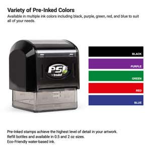 Pre-inked stamp displayed alongside 5 available water-based ink pad colors—black, purple, green, red, and blue