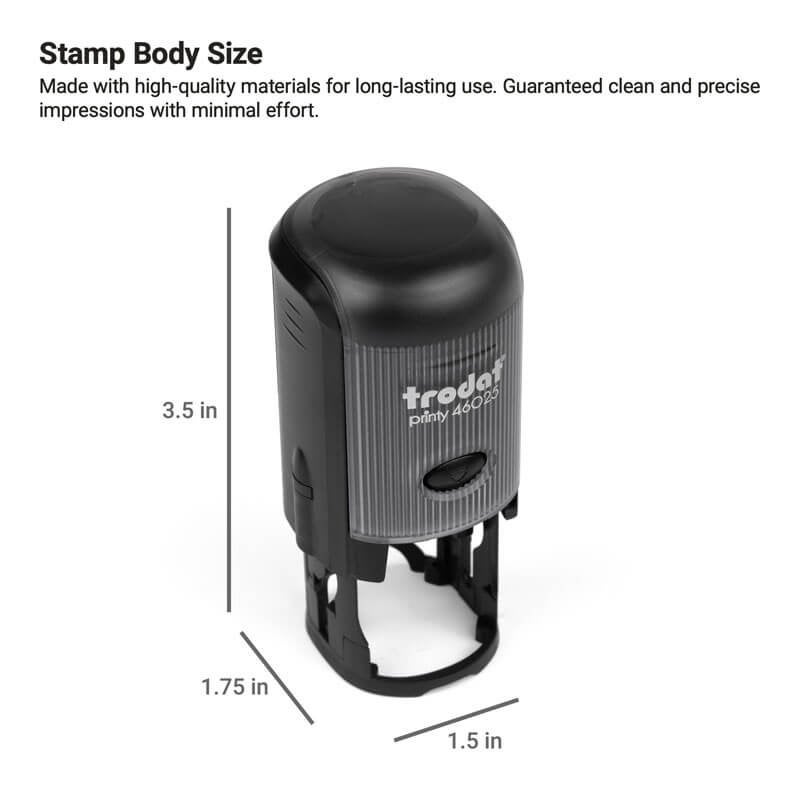 Trodat Printy 46025 self-inking stamp shown with full body measurements: 3.5" tall, 1.75" wide, and 1.5" deep