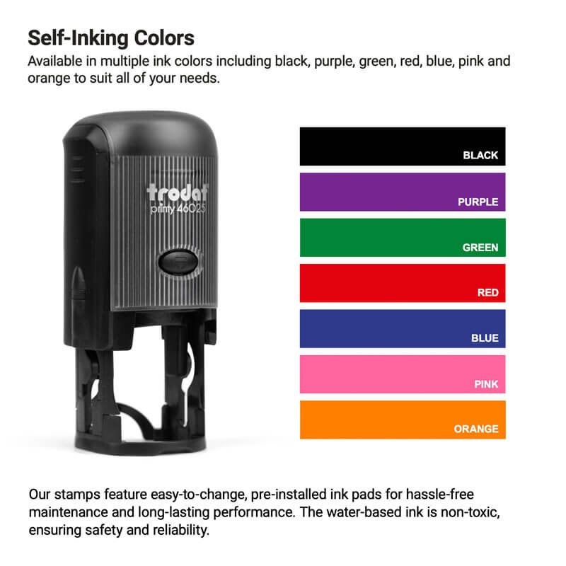 Self-inking stamp shown with ink color chart featuring black, purple, green, red, blue, pink, and orange options. Text highlights easy-to-replace ink pads and user-friendly design.