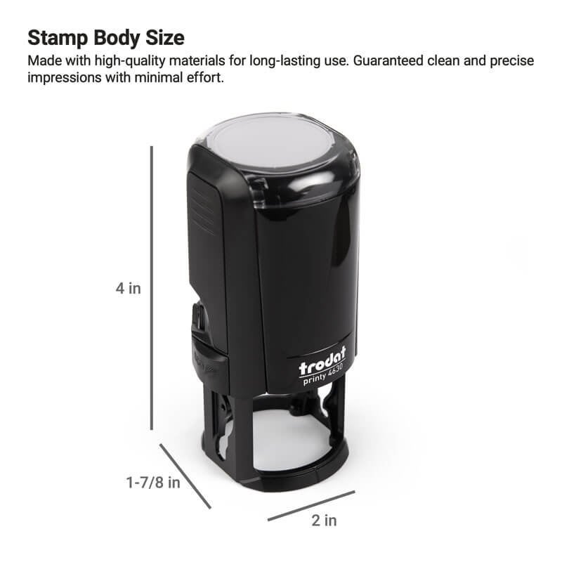 Trodat Printy 4630 stamp displayed with body size measurements of 4" tall, 1-7/8" wide, and 2" deep