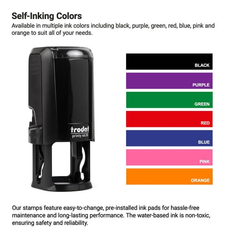 Image of a self-inking stamp. Next to it is a color chart displaying ink options: black, purple, green, red, blue, pink, and orange. Text details the stamps features, including easy-to-change ink pads.