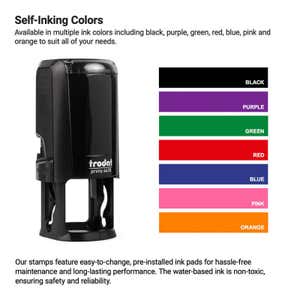 Image of a self-inking stamp. Next to it is a color chart displaying ink options: black, purple, green, red, blue, pink, and orange. Text details the stamps features, including easy-to-change ink pads.