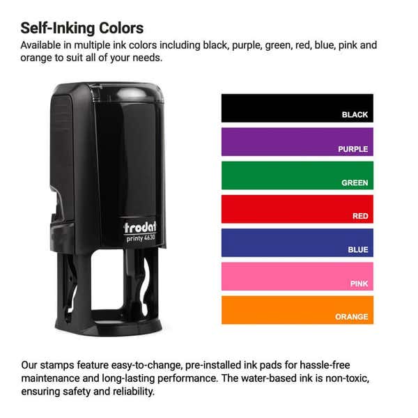 Image of a self-inking stamp. Next to it is a color chart displaying ink options: black, purple, green, red, blue, pink, and orange. Text details the stamps features, including easy-to-change ink pads.