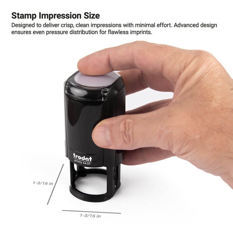 Hand holding Trodat Printy 4630 self-inking stamp, demonstrating a round impression area measuring 1-3/16" x 1-3/16"
